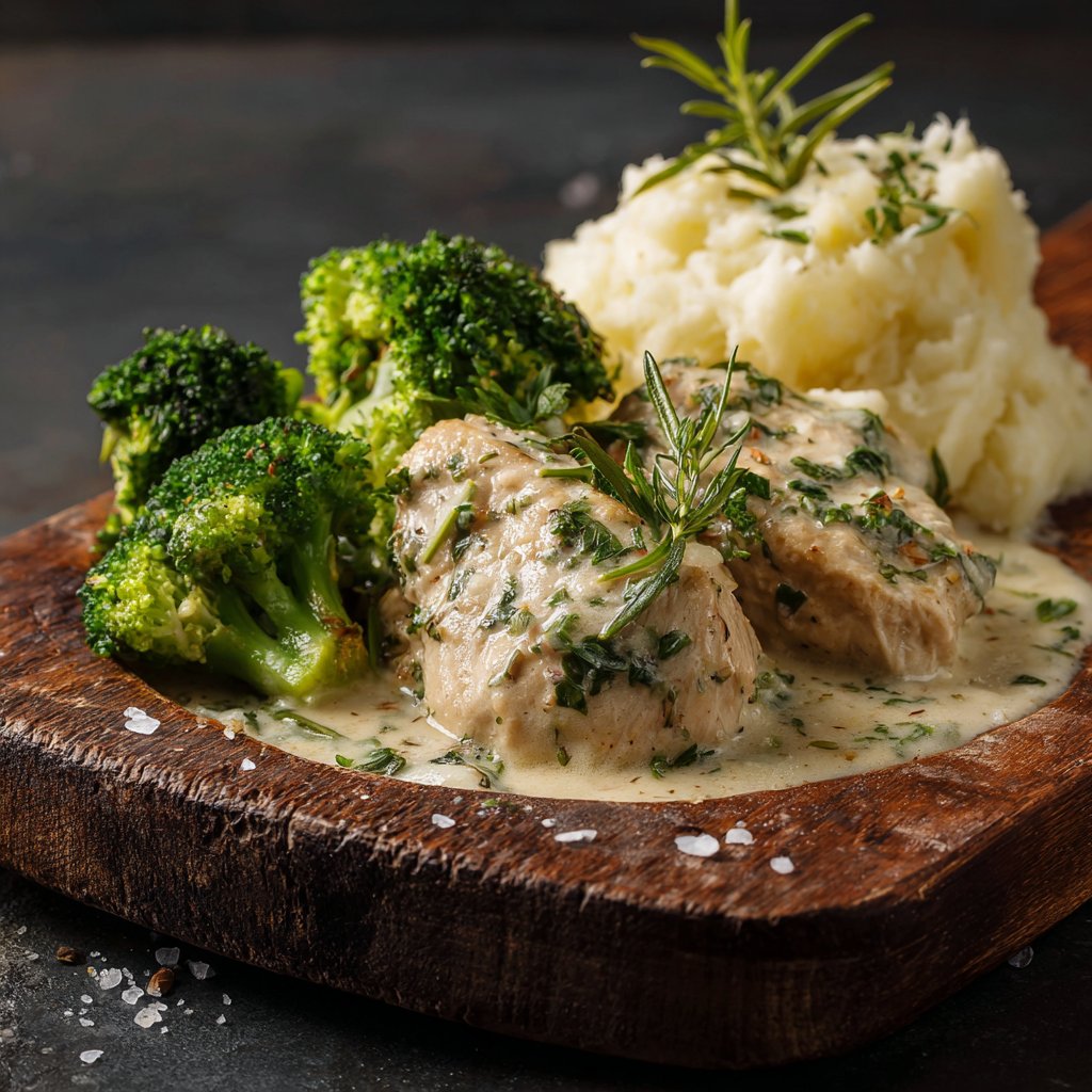 Creamy Herb Chicken with Mashed Potatoes and Roasted Broccoli