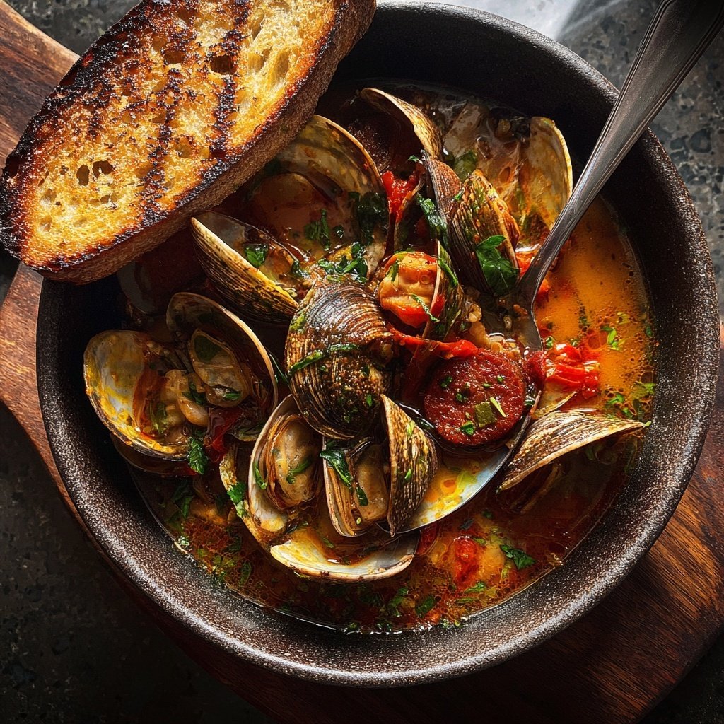 PORTUGUESE CLAMS STEW with chorizo and white wine sauce