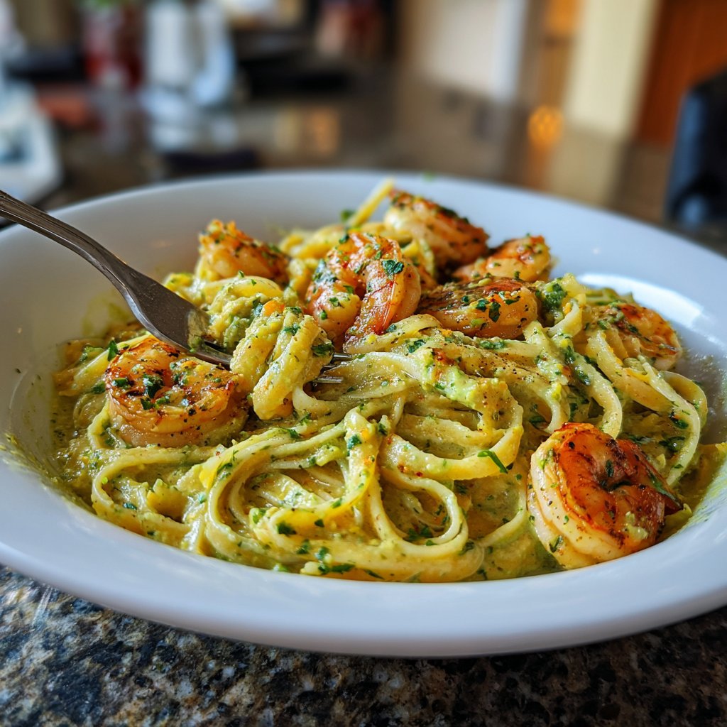 Creamy Avocado Shrimp Linguine